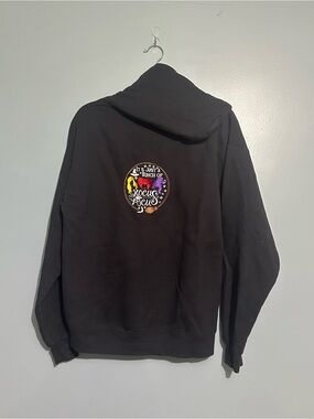 Black Hoodie with Colorful 'Hocus Pocus' Embroidered Back Design - Large